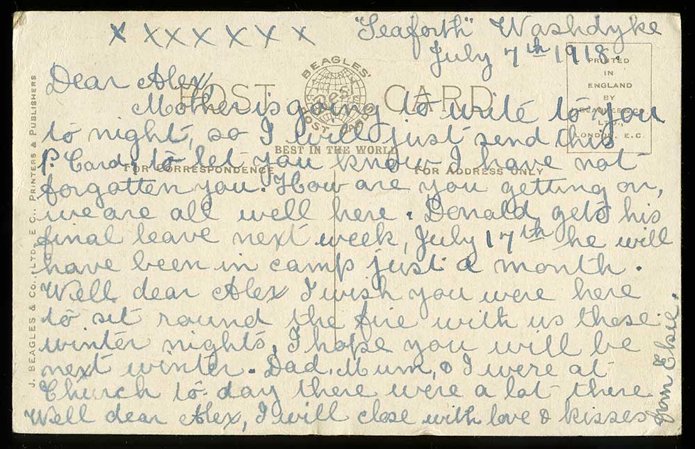Postcard: 'Greetings to my Gallant soldier [Brother]' (verso)