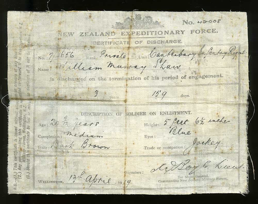 William Murray Shaw's discharge certificate