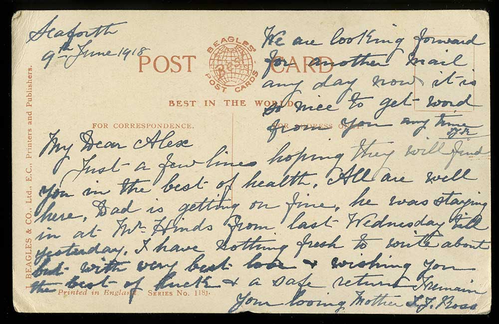 Postcard: 'To my own dear son at the front' (verso)