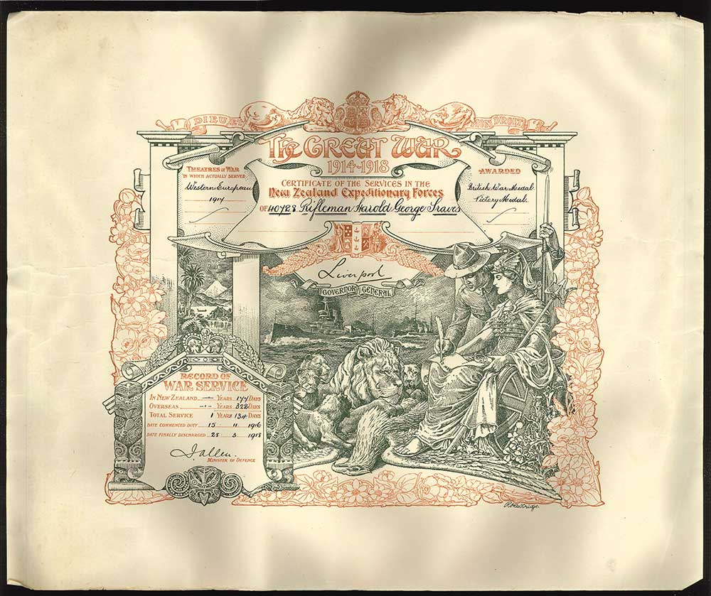 Certificate of service for Harold George Traves for his military service during World War One