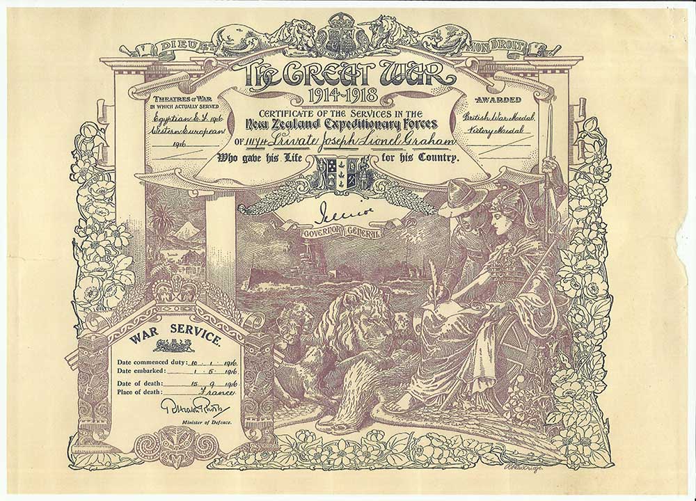 Commemorative certificate for Joseph Lionel Graham