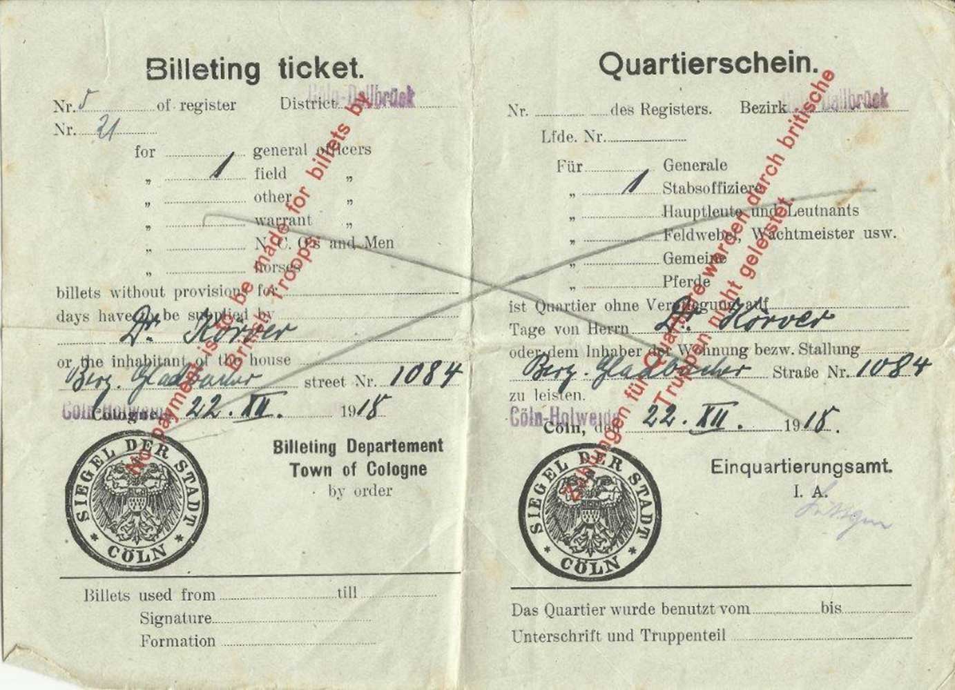 Billeting no 21, 1918