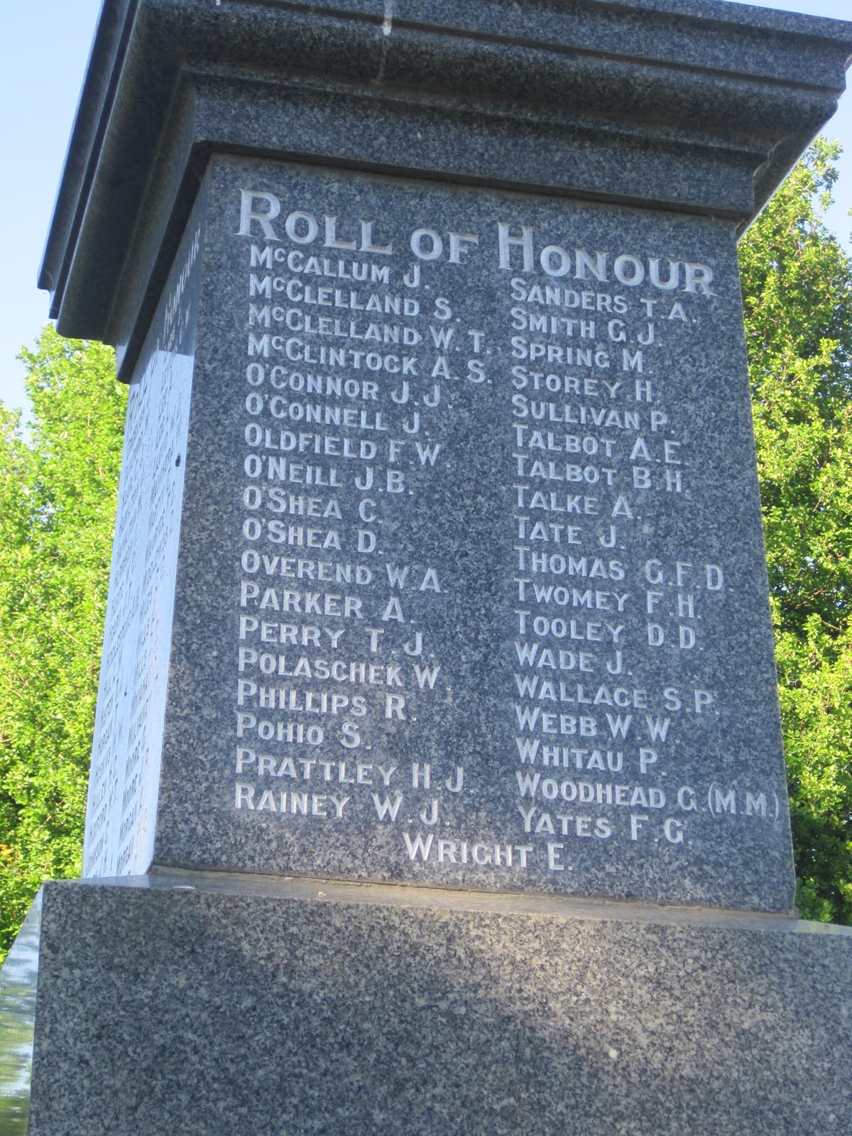 Temuka War Memorial plaque, names M-Y, pictured in 2007