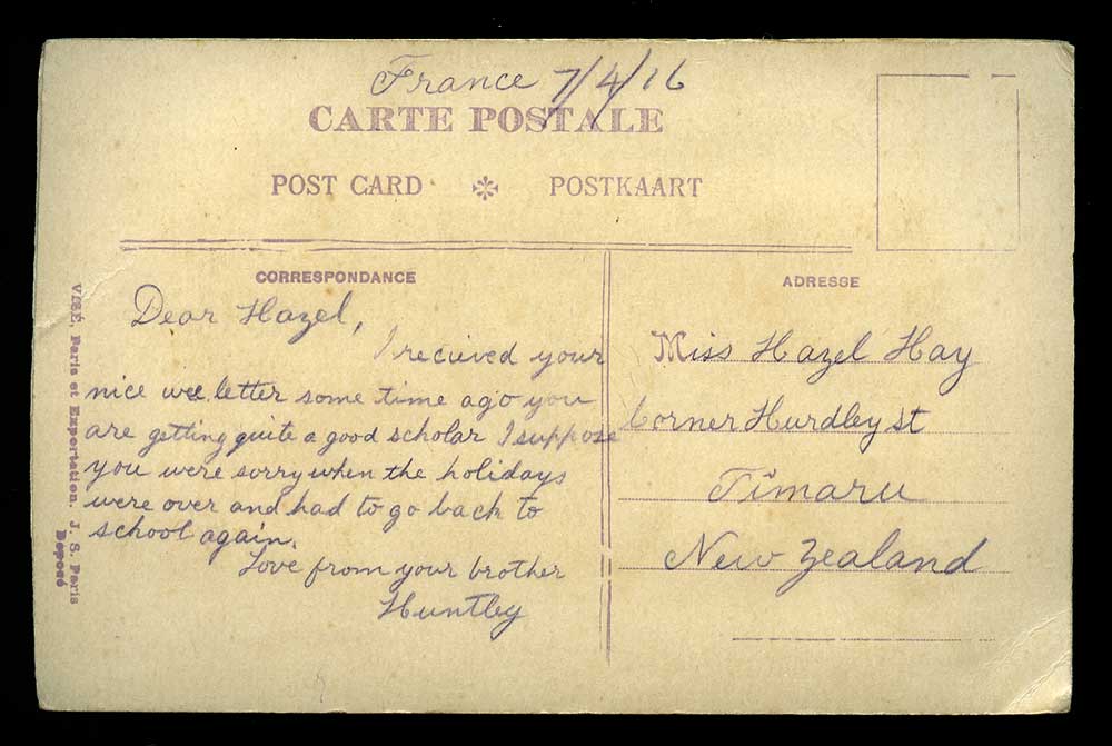 Postcard, George Huntley Hay to his sister, Hazel, 1916