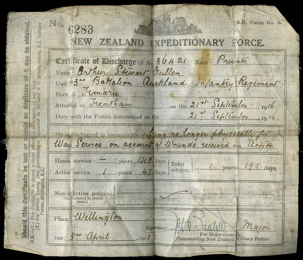 Discharge certificate, Arthur S Cullen, 1918