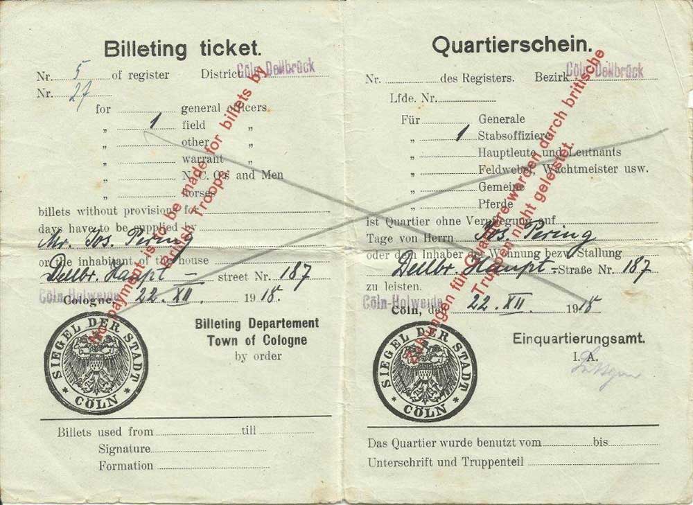 Billeting ticket no 27, 1918