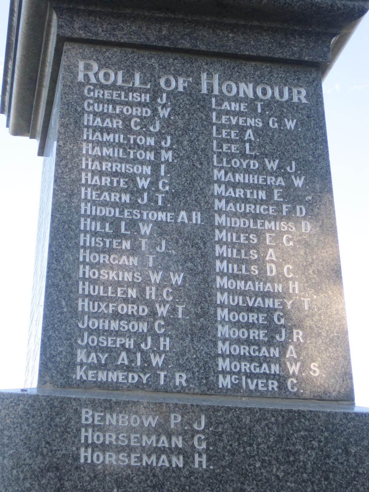 Temuka War Memorial plaque, names G-M, pictured in 2007