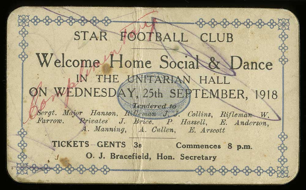 Star Football Club welcome home dance ticket, 1918