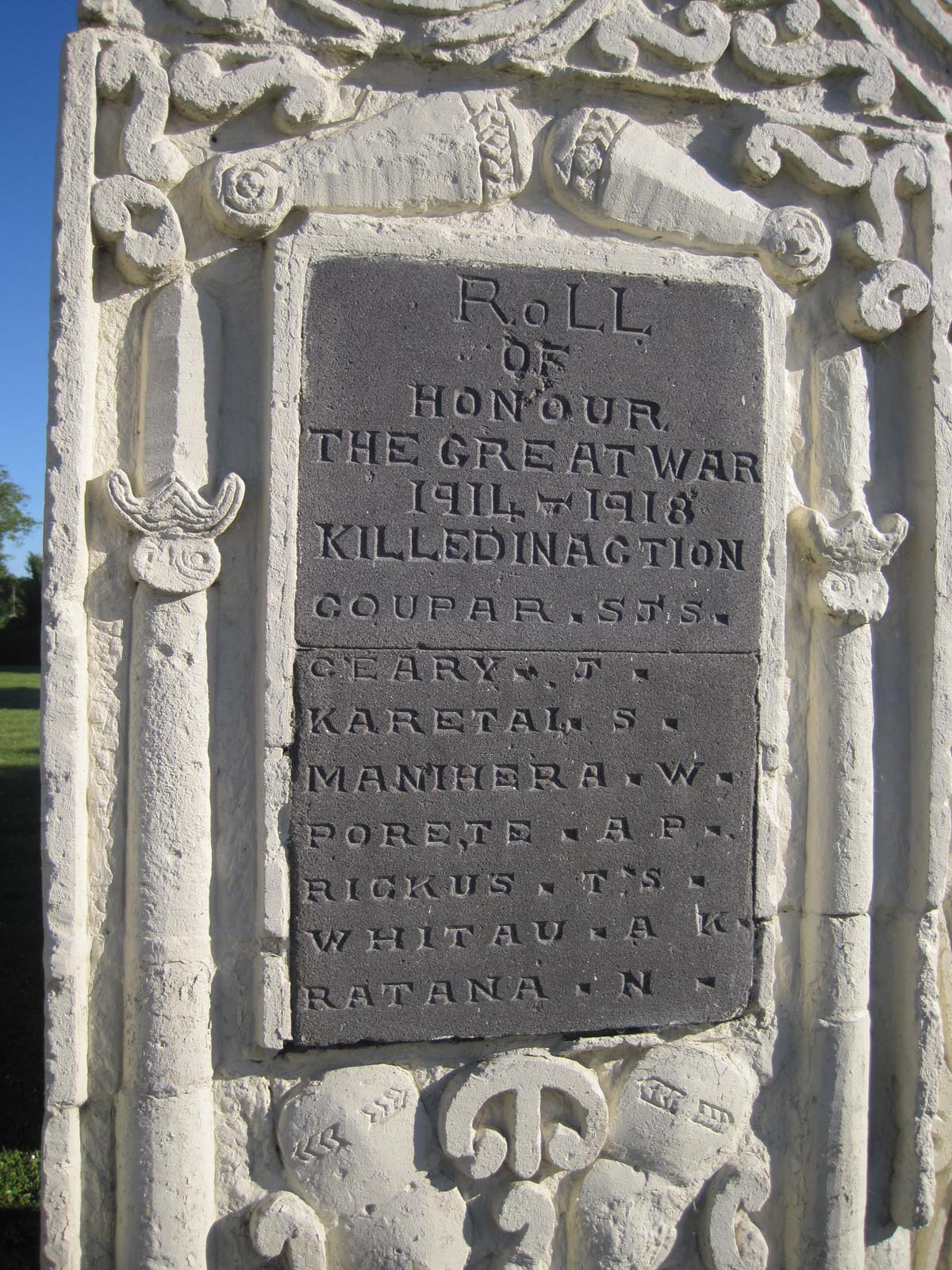 Arowhenua War Memorial - World War One plaque