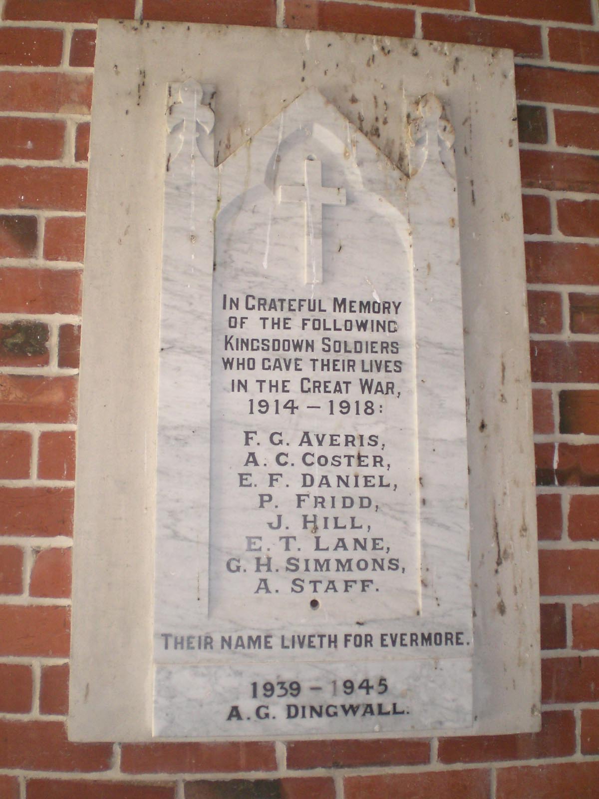 Kingsdown Hall War Memorial plaque, 2007