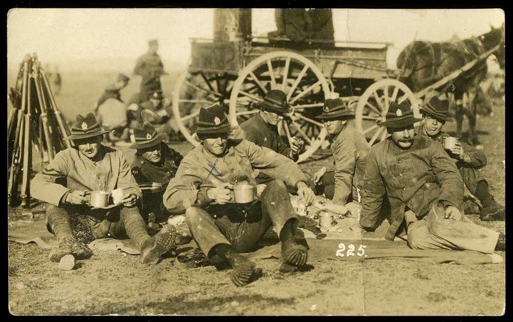 Kenneth Davison (centre) and others, probably pictured during training in 1917