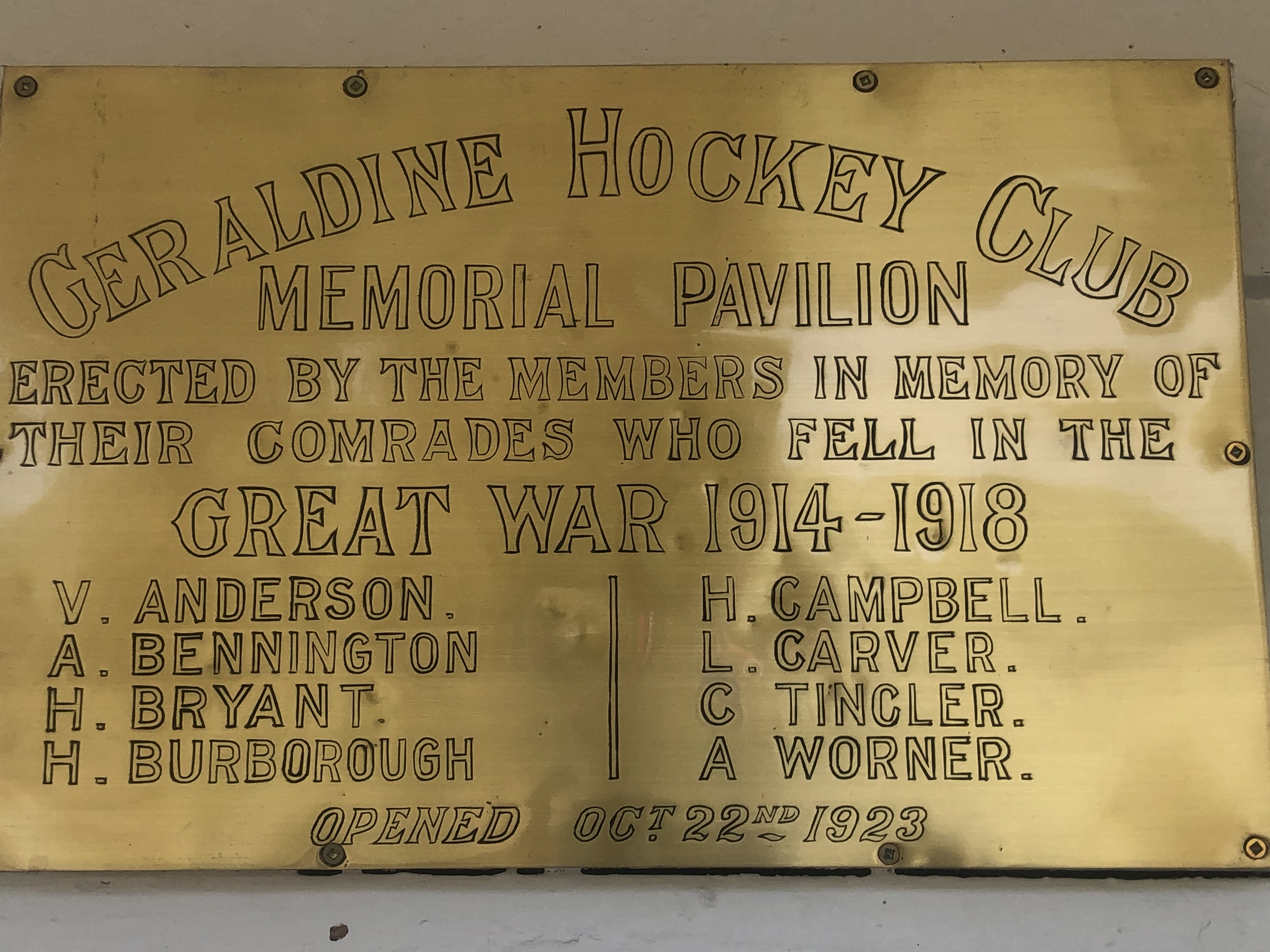 Geraldine Hockey Club  Memorial Pavilion plaque - restored in 2023