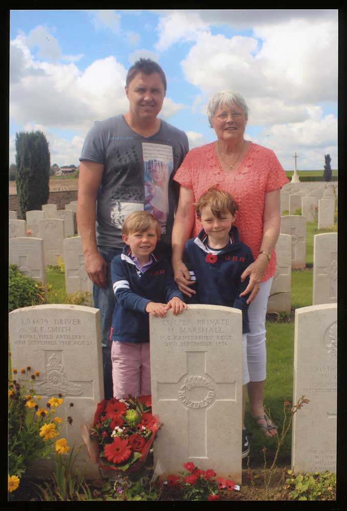 Fay Johnston and family visiting the grave of her grandfather Private Herbert Marshall, 2014