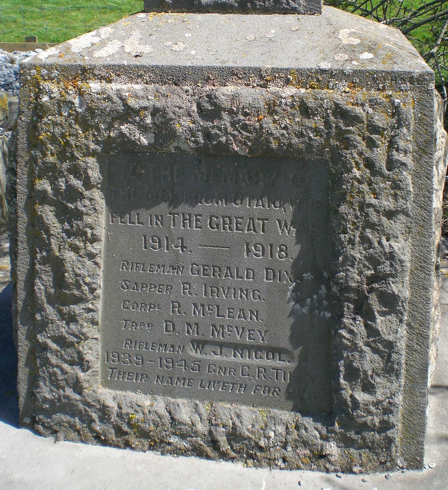 Otaio War Memorial name plaque, pictured in 2010