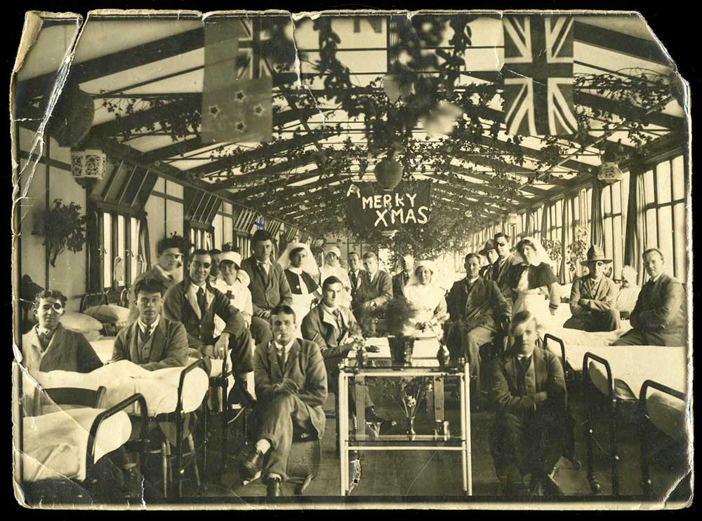 Kenneth Davison and others, pictured celebrating Xmas in hospital, circa 1918