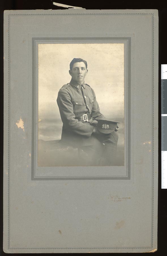 A formal portrait of Bernard (Barney) McKee of Waimate, probably taken prior to departure for service in 1917.