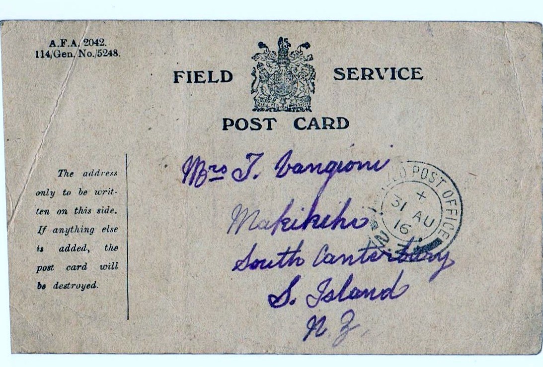 Service postcard front  from Arthur Narbey (France) to his sister Sera Vangioni (Makikihi), circa 1917