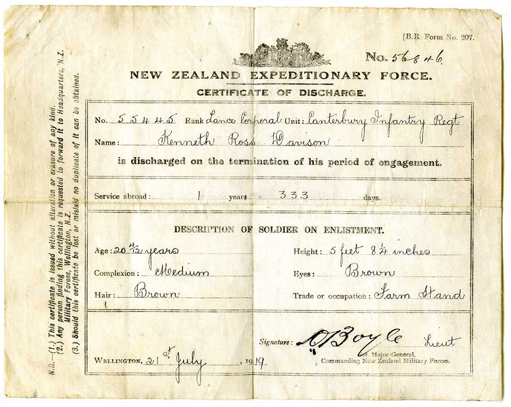 Military discharge certificate for Kenneth Davison, 1919