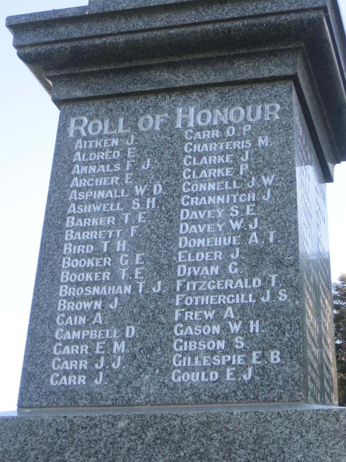 Temuka War Memorial plaque, names A-G, pictured in 2007
