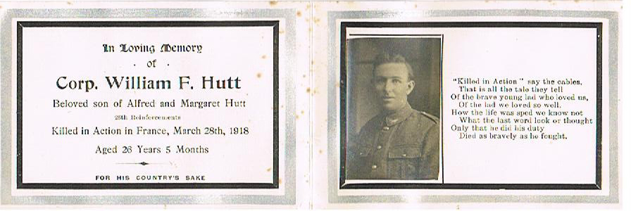 Memorial card for William Hutt, 1918
