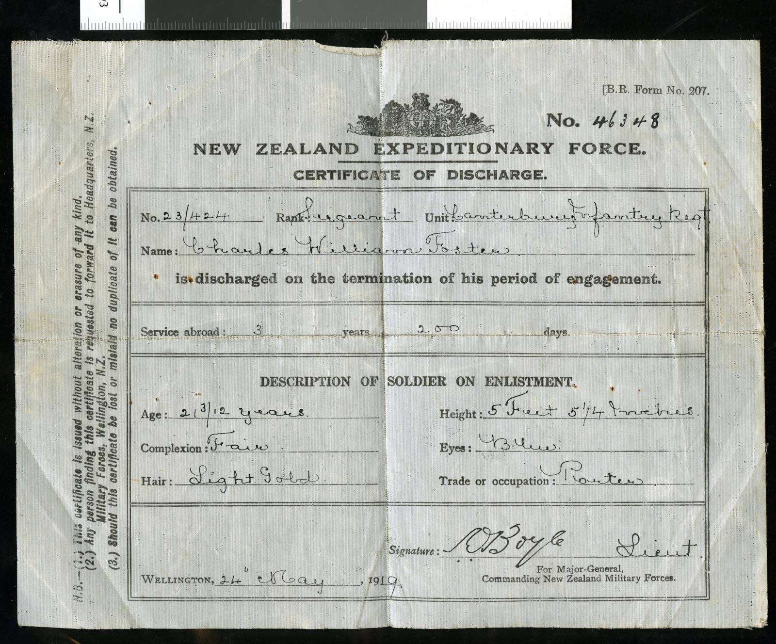 Discharge certificate for Sergeant Charles William Foster, 1919