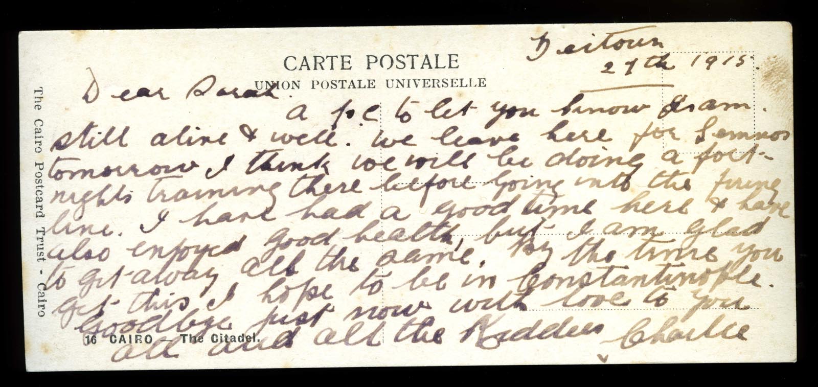 Souvenir postcard from Charles Smart, 1915 verso, rotated)