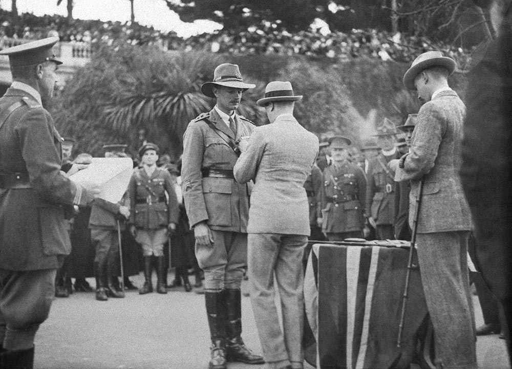 Captain A E T Rhodes being presented his Military Cross at Caroline Bay, Timaru, in 1920.