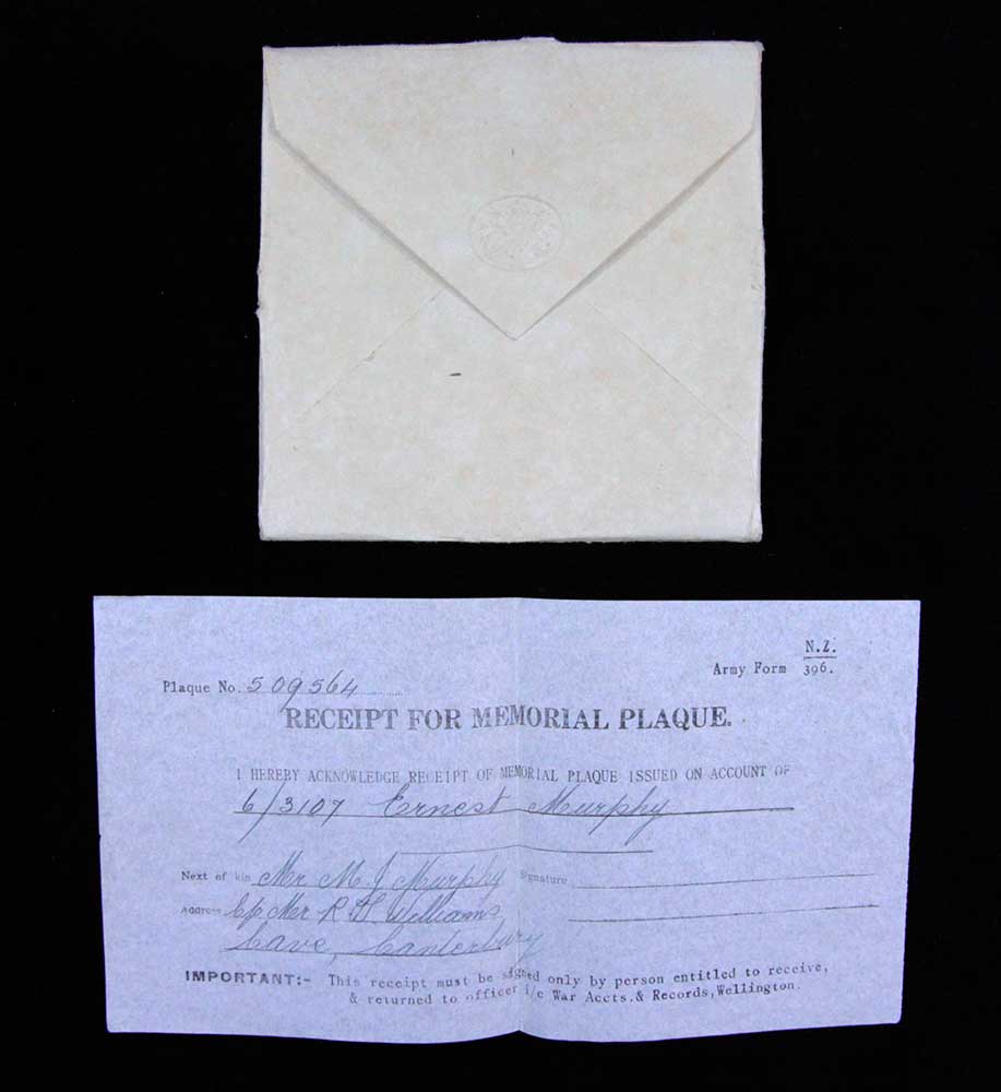 Memorial plaque receipt and envelope, Ernest Murphy