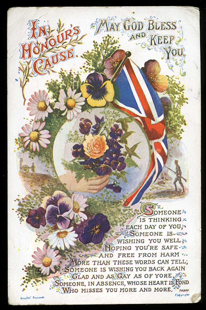 Postcard: 'In honours Cause may God bless and keep you'
