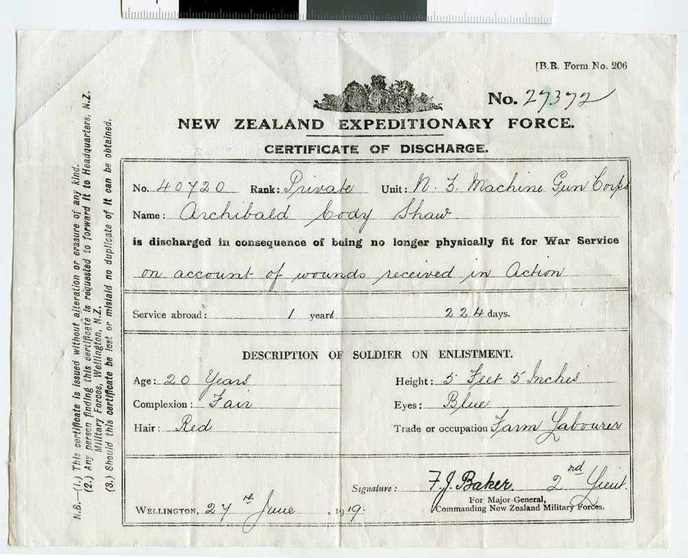 Discharge certificate, Archibald Cody SHAW