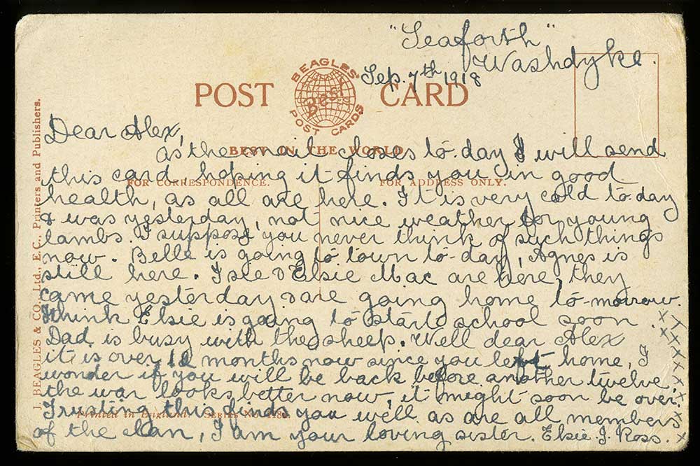 Postcard: 'In honours Cause may God bless and keep you' (verso)