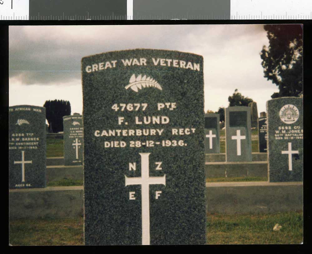 Frederick Lund's headstone in Bromley Cemetery, Christchurch
