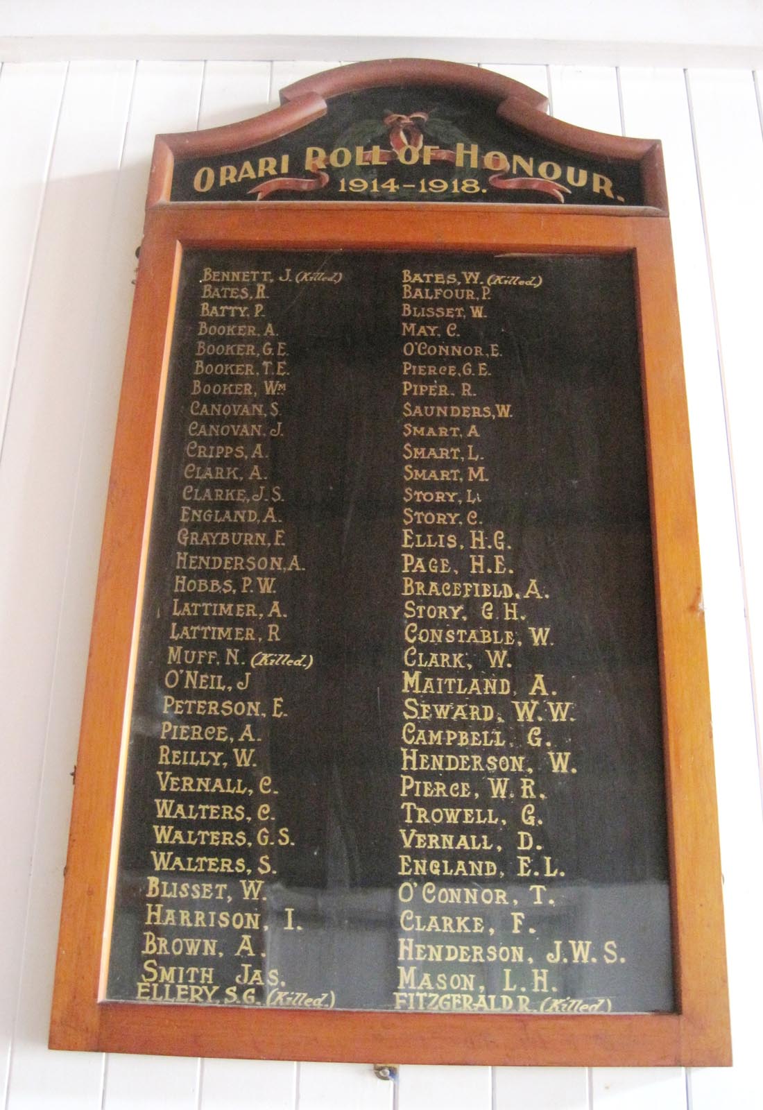 Orari Hall Roll of Honour, 1914-1918