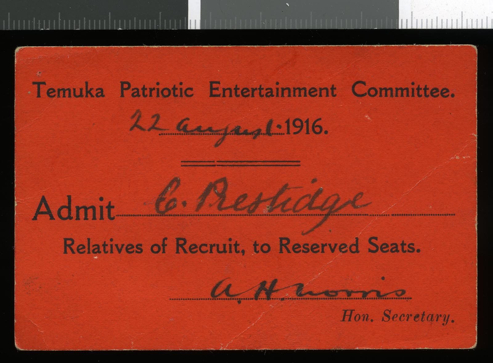 Temuka Patriotic Entertainment Committee ticket, dated 22 August 1916