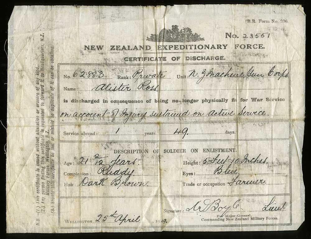 Certificate of discharge, Alister Ross
